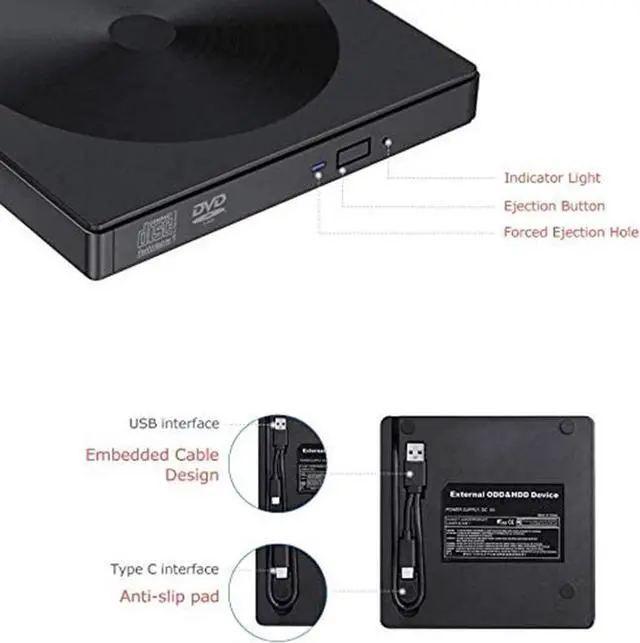 Alt view image 3 of 7 - External CD DVD Drive, Type C USB 3.0 Portable CD/DVD RW Writer Burner, Low Noise High Speed Transfer Drive, Compatible with Laptop, Desktop, Windows XP/2003/Vista/7/8/10, Linux, Mac OS