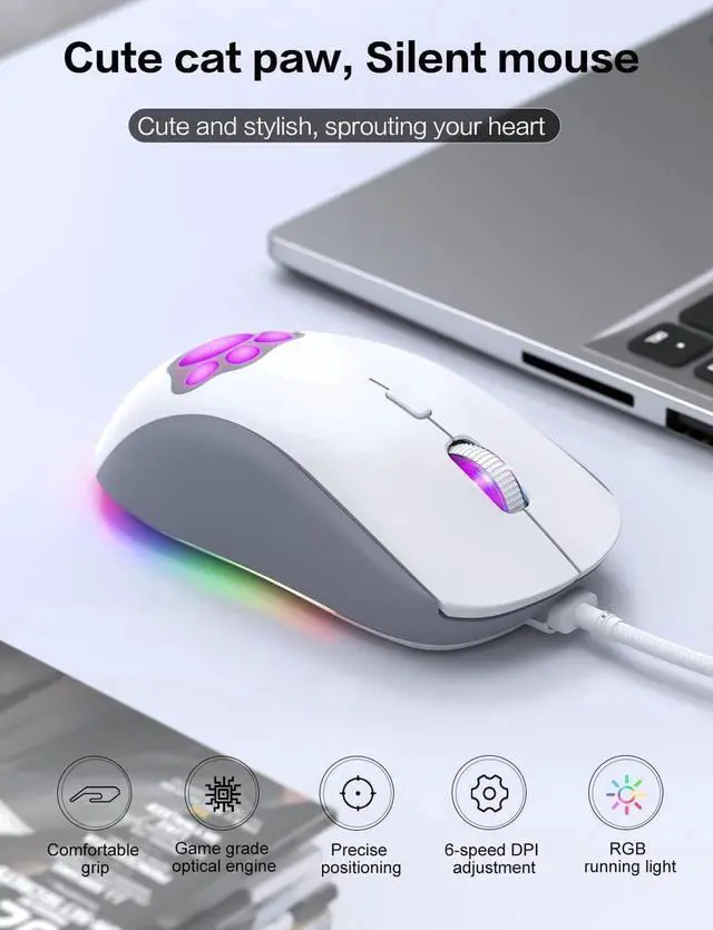 Alt view image 2 of 6 - Cat Paw RGB Gaming Mouse, Silent Optical Computer Mice USB Wired Gaming Mouse with 6 Adjustable DPI Up to 7200, RGB Lighting, 6 Programmable Buttons for Windows/Vista/Linux (White)
