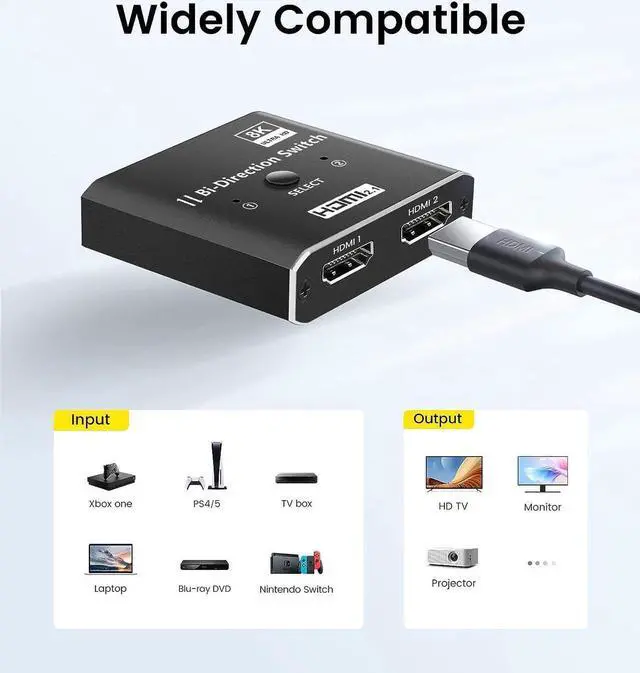 Alt view image 4 of 7 - HDMI Switch 4K 120Hz, 8K HDMI 2.1 Switch Splitter 2 in 1 Out/1 in 2 Out, Aluminum Alloy Bi-Directional Switcher Support Ultra HD 8K@60Hz 4K@144Hz High Speed 48Gbps for PS4, PS5, Xbox Series X