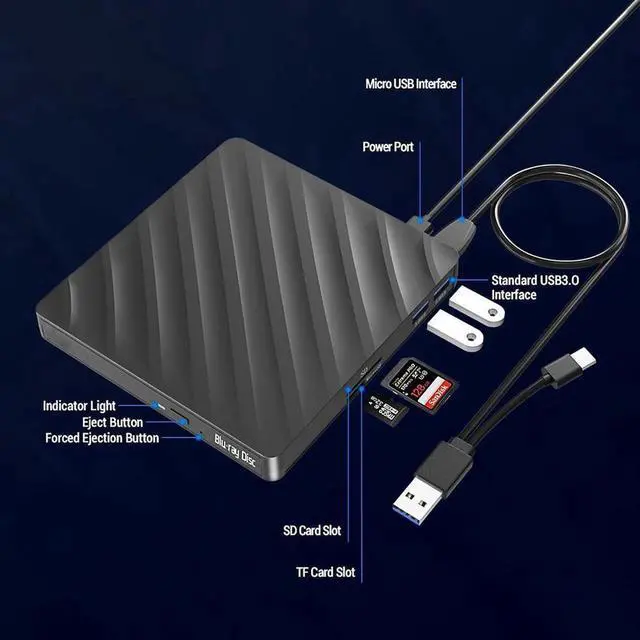 Alt view image 4 of 7 - 5 in 1 External Blu-ray CD DVD Drive, USB 3.0 Type-C Slim Optical Drive External Bluray DVD Burner with SD/TF Card Reader 2 USB 3.0 Hubs Compatible with Windows XP/7/8/10 MacOS Laptop and Desktop