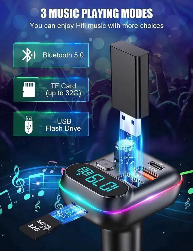 Alt view image 6 of 6 - Bluetooth Adapter for Car - Wireless Bluetooth FM Radio Transmitter - Bluetooth AUX Adapter | Wireless Bluetooth 5.0 MP3 Music Player - QC3.0 + PD 20W USB Car Charger | 7 Colors LED Backlit