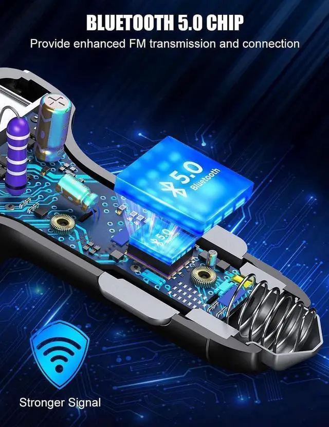 Alt view image 5 of 6 - Bluetooth Adapter for Car - Wireless Bluetooth FM Radio Transmitter - Bluetooth AUX Adapter | Wireless Bluetooth 5.0 MP3 Music Player - QC3.0 + PD 20W USB Car Charger | 7 Colors LED Backlit