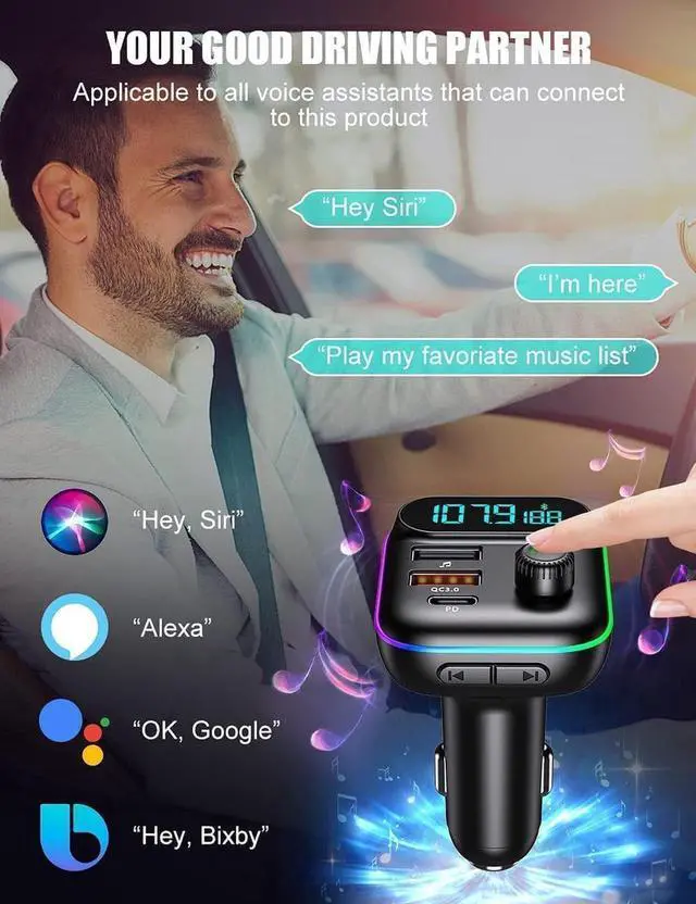 Alt view image 2 of 6 - Bluetooth Adapter for Car - Wireless Bluetooth FM Radio Transmitter - Bluetooth AUX Adapter | Wireless Bluetooth 5.0 MP3 Music Player - QC3.0 + PD 20W USB Car Charger | 7 Colors LED Backlit