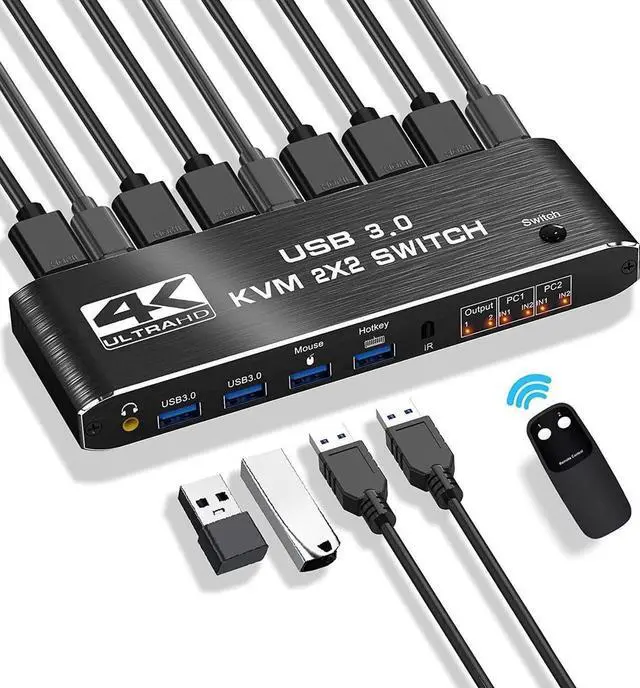 Main image of USB 3.0 2x2 KVM Switch 2 Monitors 2 Computers, USB3.0 HDMI KVM Switch Dual Monitor Sharing 4 USB Devices for Keyboard Mouse Scanner, 4K @60Hz KVM Switches Support Audio, Hotkey, Button Switching