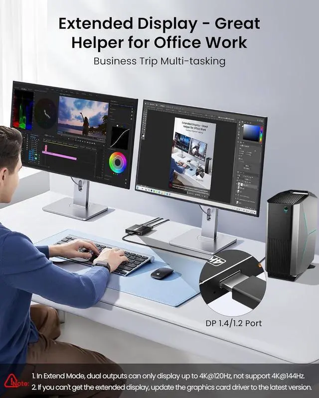 Alt view image 6 of 7 - DisplayPort to Dual Display Port Splitter, 4K@144Hz Display Port Adapter with Audio Extractor, 4K@120Hz 60Hz DP Splitter 1 in 2 Out Support Mirror/Extend Mode(MST) for PC Laptop Desktop