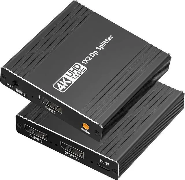 Main image of DisplayPort to Dual Display Port Splitter, 4K@144Hz Display Port Adapter with Audio Extractor, 4K@120Hz 60Hz DP Splitter 1 in 2 Out Support Mirror/Extend Mode(MST) for PC Laptop Desktop