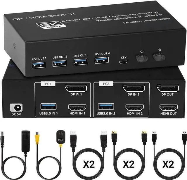 Main image of 4K 120Hz HDMI + Displayport KVM Switch 2 PC 2 Monitor, 8K@60Hz DP 1.4 + HDMI 2.1 Dual Monitor USB 3.0 KVM Switch, Support Extended & Copy Mode, with Desktop Controller and 2 HDMI+DP+USB Cables
