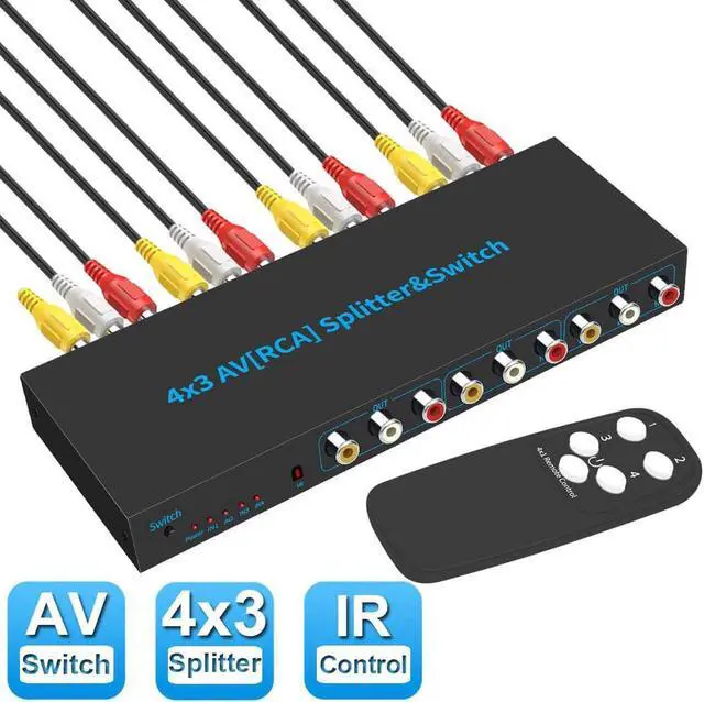 Main image of RCA AV Switch Splitter Box 4 in 3 out AV Audio Video Signal Composite for HDTV LCD DVD 3 RCA Switcher 4 to 1 Selector