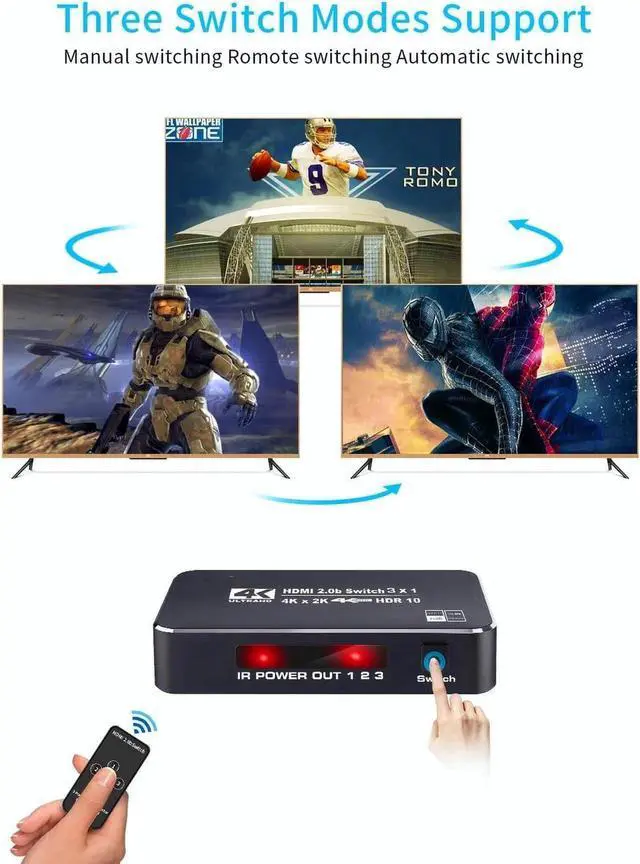 Alt view image 4 of 7 - 4K HDR HDMI Switch, 3 Ports 4K 60Hz HDMI 2.0 Switcher Selector with IR Remote, Supports Ultra HD Dolby Vision, High Speed (Max to 18.5Gbps), HDR10, HDCP 2.2 & 3D