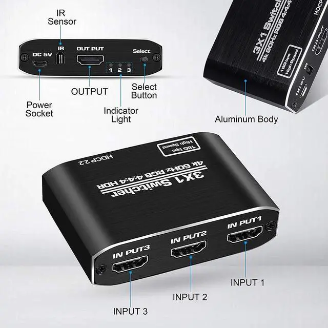 Alt view image 3 of 7 - 4K@60Hz HDMI Switch,4K HDMI Switcher 3 Port, 3X1HDMI Auto Switch 3X1 Selector with IR Remote for Xbox,PS5,PS4,UHD TV, Support 4K@60Hz, HDR, 2k,1080P @ 60Hz, 3D, HDCP 1.4 and Dolby-True HD/DTS