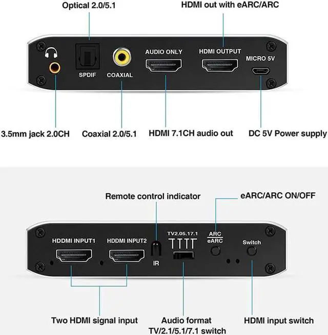 Alt view image 4 of 7 - HDMI Audio Extractor,2x1 HDMI Switch to HDMI + Optical Toslink SPDIF + 3.5mm Audio Jack + Coaxial + 7.1Ch HDMI Audio Support ARC and eARC Function for Apple TV PS4
