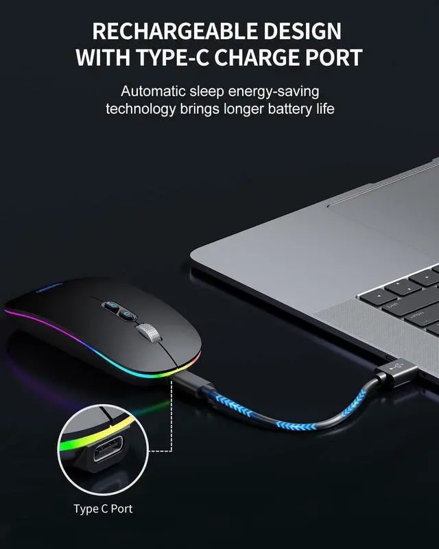 Alt view image 2 of 6 - LED Bluetooth Mouse, Rechargeable Silent Bluetooth Wireless Mouse Dual Mode (BT 5.1 + 2.4G USB) with Home Button, Portable Optical RGB Cordless Mice for Laptop Computer PC Mac, Black