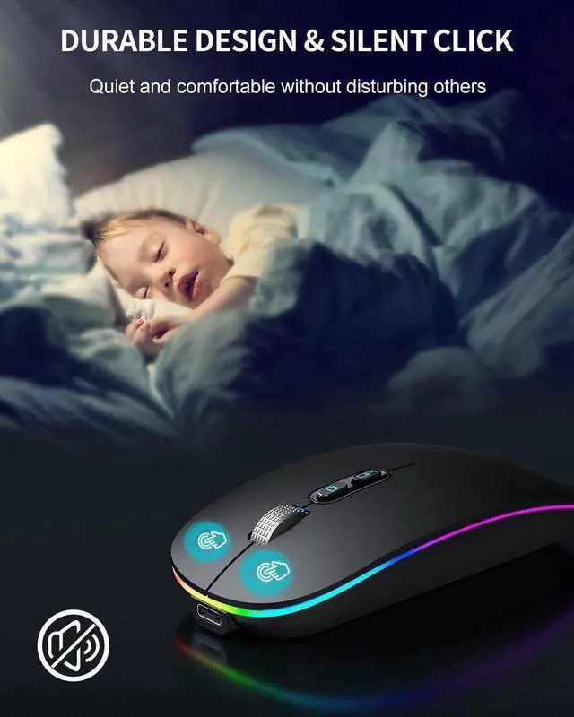 Alt view image 4 of 6 - LED Bluetooth Mouse, Rechargeable Silent Bluetooth Wireless Mouse Dual Mode (BT 5.1 + 2.4G USB) with Home Button, Portable Optical RGB Cordless Mice for Laptop Computer PC Mac, Black