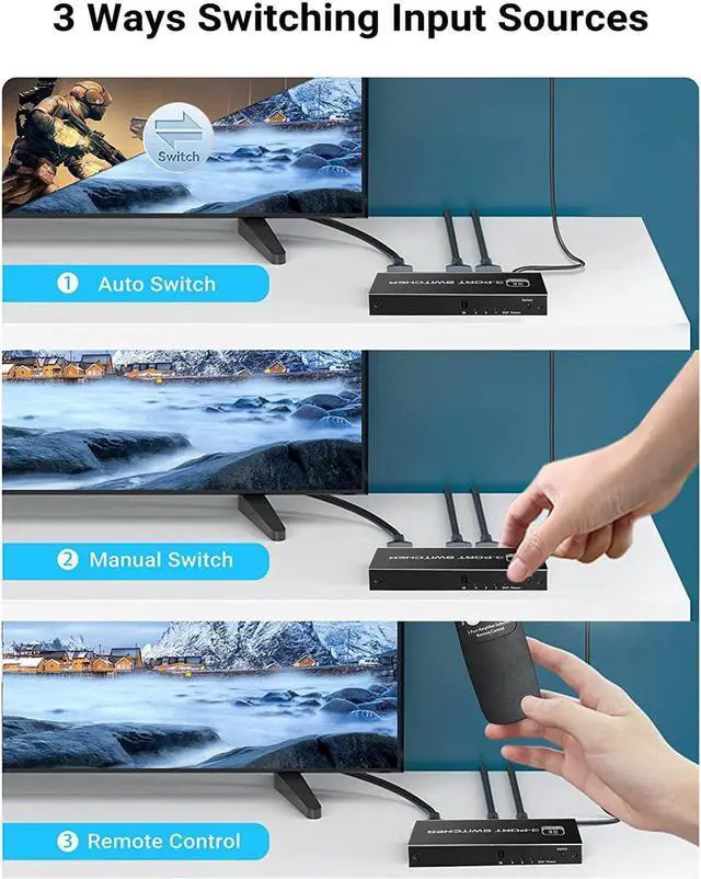 Alt view image 7 of 7 - 8K HDMI 2.1 Switch, 3X1 HDMI Switch with IR Remote Control, 4K @120hz HDMI Switcher Box 8K@60Hz/4K@30Hz, 48Gbps, Support for Nintendo Switch PS4/PS5, Xbox 360/One Fire tv Stick