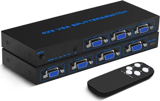 Main image of VGA Splitter 4 in 3 Out: 4 Port Powered VGA Switch 4 PC to 3 Monitors/Projector with Remote, VGA Video Splitter Box Support 1920x1440 Resolution 200MHz Bandwidth for Screen Duplication