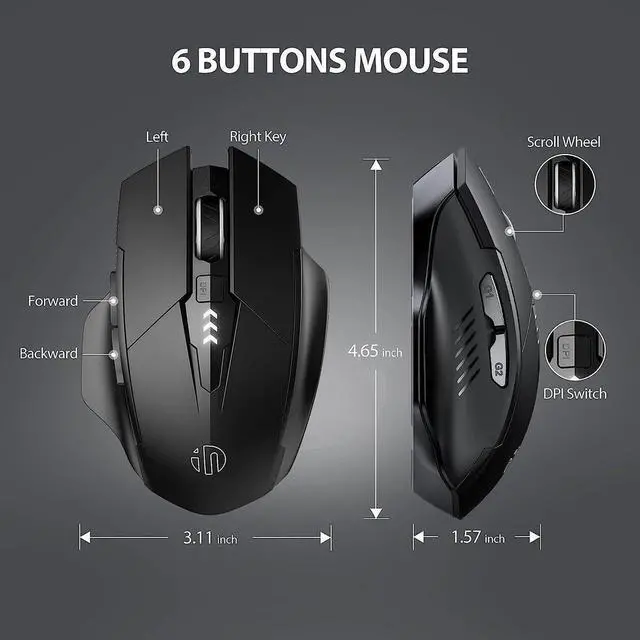 Alt view image 2 of 7 - 2.4G RF Wireless Mouse Rechargeable, [Battery Level Visible], Silent Click Mouse USB 2.4G Cordless Wireless Mice for Laptop PC Computer Tablets, 6 Buttons, 1600DPI 3 Adjustment Levels, Black
