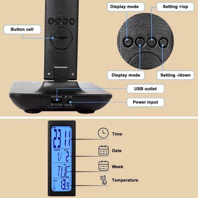 Alt view image 5 of 6 - LED Desk Lamp, Desk Lamp with Wireless Charger, Suitable for Home, Office Dimmable Desk Lamp, with USB Charging Port, Built-in Clock, Calendar, Thermometer and Automatic Timing Reading Desk Lamp