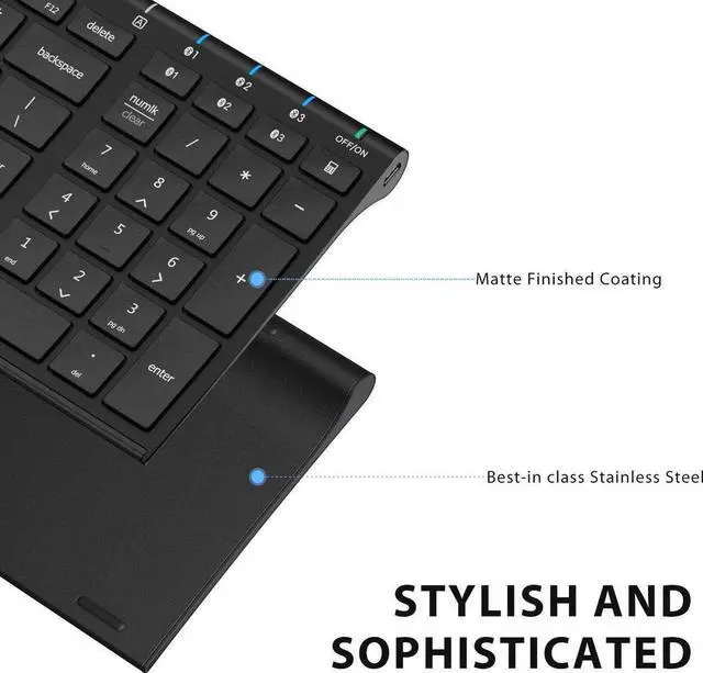 Alt view image 2 of 7 - BK10 Bluetooth Keyboard, Keyboard USB-C Rechargeable Bluetooth 5.1 with Number Pad Ergonomic Design Full Size Stable Connection Keyboard for iPad, iPhone, Mac, iOS, Android, Windows
