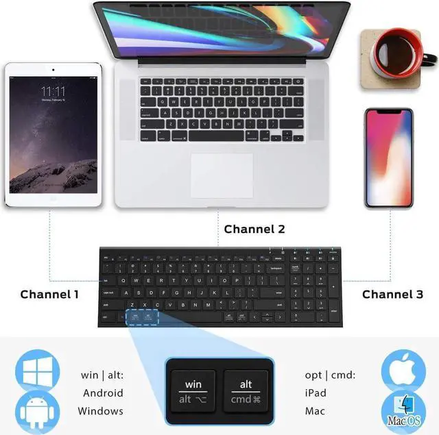 Alt view image 7 of 7 - BK10 Bluetooth Keyboard, Keyboard USB-C Rechargeable Bluetooth 5.1 with Number Pad Ergonomic Design Full Size Stable Connection Keyboard for iPad, iPhone, Mac, iOS, Android, Windows
