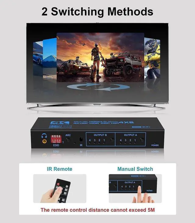 Alt view image 5 of 7 - 4K@60Hz HDMI Matrix Switch 4X2 with ARC, 4 in 2 Out Matrix HDMI Video Switcher Splitter + Optical & 3.5mm Stereo Audio, Scaler 4K 1080P Synch, HDMI Audio Extractor with IR Remote Control