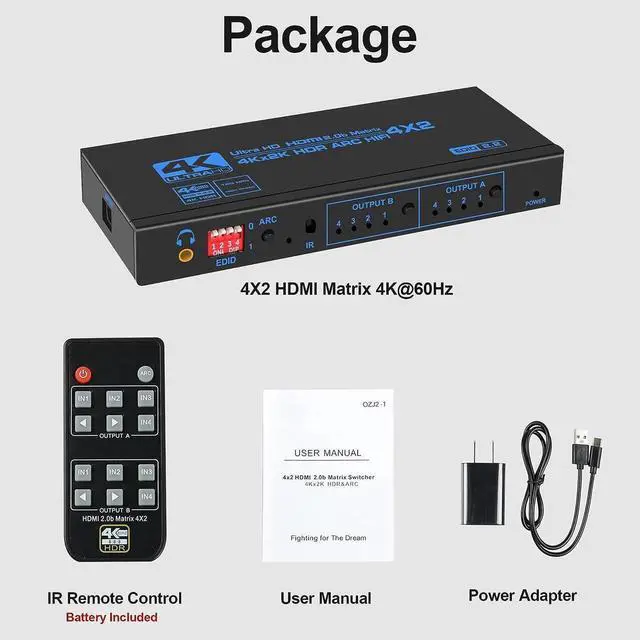 Alt view image 6 of 7 - 4K@60Hz HDMI Matrix Switch 4X2 with ARC, 4 in 2 Out Matrix HDMI Video Switcher Splitter + Optical & 3.5mm Stereo Audio, Scaler 4K 1080P Synch, HDMI Audio Extractor with IR Remote Control