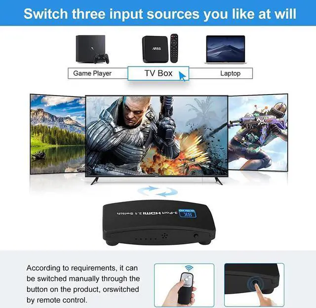 Alt view image 3 of 7 - 8K@60Hz HDMI 2.1 Switch,HDMI Switch 3 in 1 Out, 3-Port HDMI Switcher Selector, Supports 4K@120Hz, 1080P@240Hz, 1080P@120Hz for Fire Stick, HDTV, PS4/5, Game Consoles with Remote Control