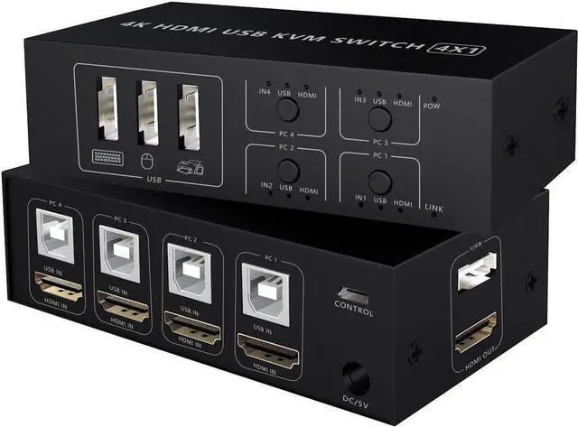 Main image of HDMI KVM Switch 4 Port HDMI Switcher, 4K @60Hz 4 In 1 Out KVM USB Switch Box for 4 PC Sharing Keyboard Mouse Monitor Compatible with Laptop, PC, PS4, Xbox HDTV