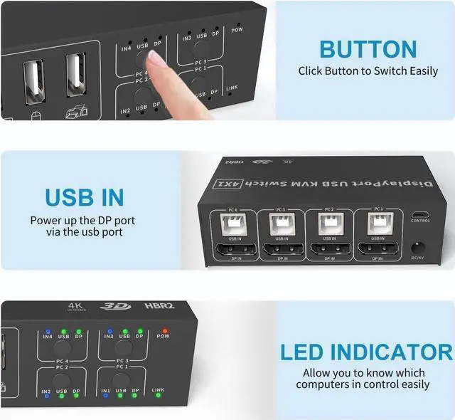 Alt view image 5 of 7 - 4 in 1 Out DisplayPort KVM Switch 4x1, 4 Port 4K @60Hz USB and DP Switch for 4 Computers Share Keyboard Mouse Printer Monitor for Laptop,PC, with 4X USB Cable,1x Switch Button Cable,1x Power Cable