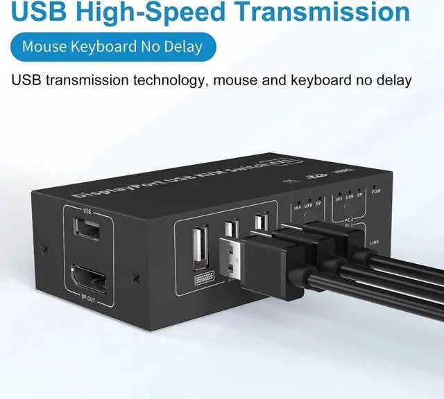 Alt view image 7 of 7 - 4 in 1 Out DisplayPort KVM Switch 4x1, 4 Port 4K @60Hz USB and DP Switch for 4 Computers Share Keyboard Mouse Printer Monitor for Laptop,PC, with 4X USB Cable,1x Switch Button Cable,1x Power Cable