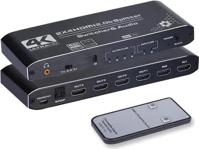 Main image of 4K HDMI Splitter 2x4,HDMI Switch 2 in 4 Out Switcher Box with Audio Extractor and IR Remote Control, Support Ultra 4K HDR,4Kx2K@60Hz, 3D, 1080P,HDMI 2.0b, HDCP 2.2