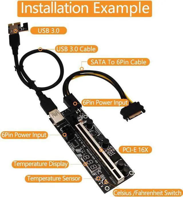 Alt view image 3 of 6 - Riser Card PCIE Riser 1x to 16x Graphic Extension with Temperature Sensor for Bitcoin GPU Mining Powered Riser Adapter Cards