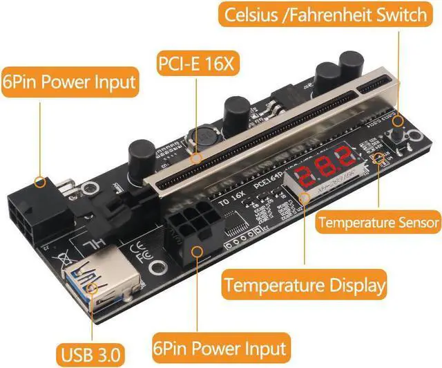 Alt view image 6 of 6 - Riser Card PCIE Riser 1x to 16x Graphic Extension with Temperature Sensor for Bitcoin GPU Mining Powered Riser Adapter Cards
