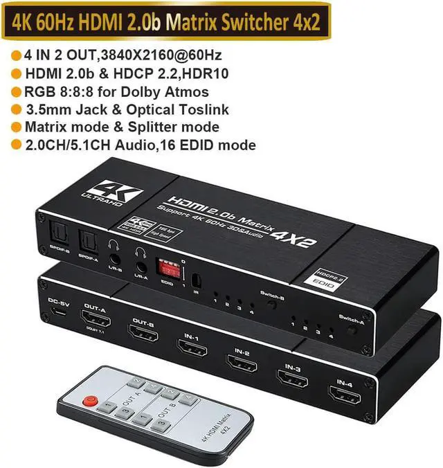 Main image of HDMI Matrix 4x2,4K@60Hz HDMI Matrix Switch 4 in 2 Out with EDID Extractor and IR Remote Control, Support HDMI 2.0b, HDCP2.2, HDR10, Ultra HD, 3D