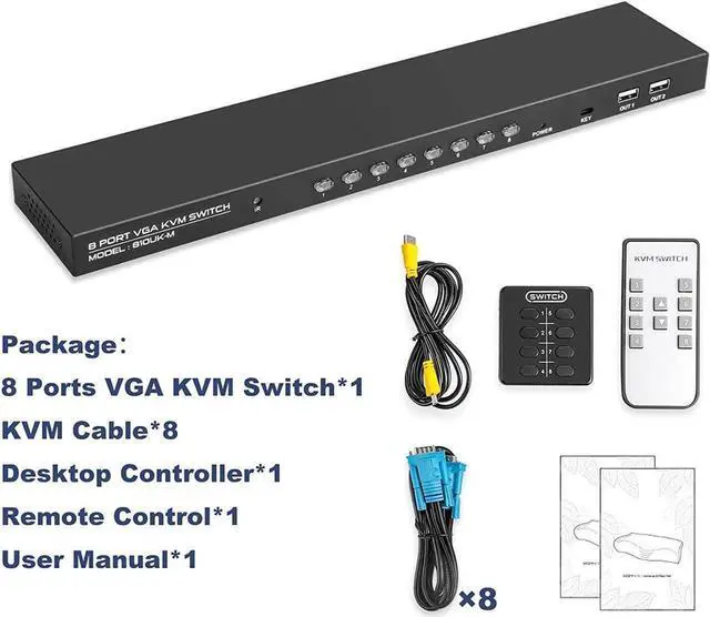 Alt view image 3 of 7 - VGA KVM Switch, 8 Port USB VGA KVM Switcher for 8 Computers Share 1 Monitor 4 USB Devices, Keyboard Mouse Scanner Printer, Including 8 KVM Cables, Remote Control & Desktop Control