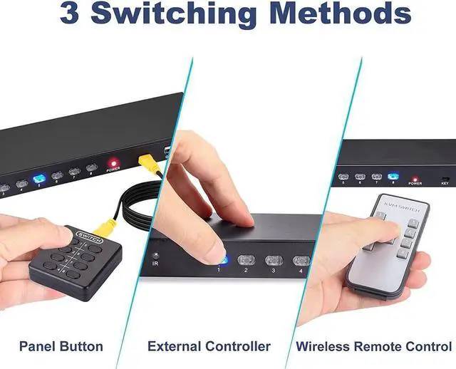 Alt view image 7 of 7 - VGA KVM Switch, 8 Port USB VGA KVM Switcher for 8 Computers Share 1 Monitor 4 USB Devices, Keyboard Mouse Scanner Printer, Including 8 KVM Cables, Remote Control & Desktop Control