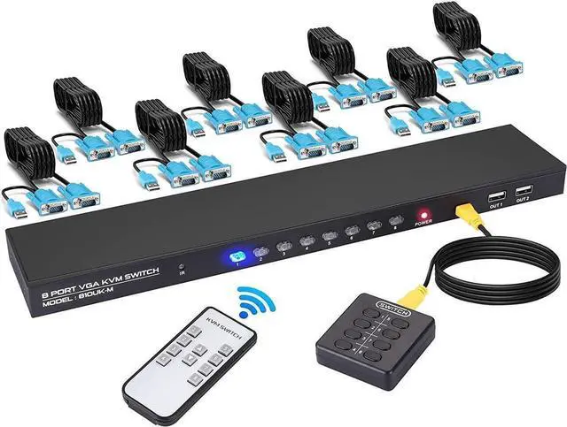 Main image of VGA KVM Switch, 8 Port USB VGA KVM Switcher for 8 Computers Share 1 Monitor 4 USB Devices, Keyboard Mouse Scanner Printer, Including 8 KVM Cables, Remote Control & Desktop Control