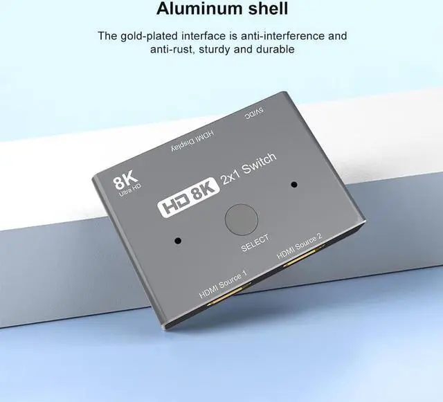 Alt view image 7 of 7 - HDMI 2.1 Switch 8K Ultra HD 2 in 1 Out unidirectional Switcher Grey 8K@60Hz 4K@120Hz 48Gbps with Switch Button Compatible with PS5 Xbox Set-top Box etc More
