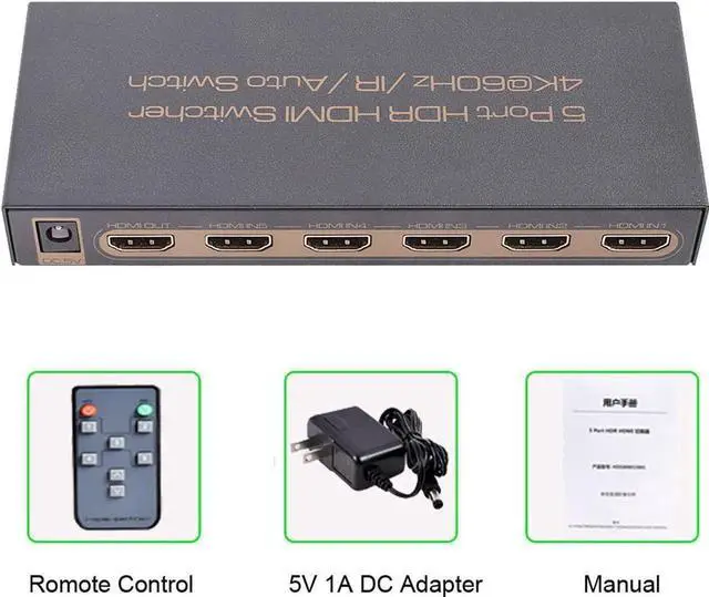 Alt view image 2 of 7 - 4K @60Hz Premium 5 Port HDMI Switch with Remote, 5 in 1 Out 4Kx2K HDMI Auto Switcher, 5x1 HDMI Switch Support UHD, HDR10, Dolby Vision, Atmos, YCbCr 4:4:4, HDCP2.2 and CEC (with US Power Adapter)