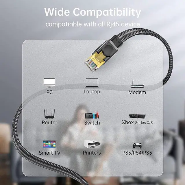 Alt view image 3 of 7 - Cat 8 Ethernet Cable 50FT/15M, 26AWG Flat Braided High Speed Network LAN Cable 40gbps 2000mhz, Heavy Duty Shielded Ethernet Cord with Gold Plated RJ45 Connectors for Router Modem Gaming PS5/4, Xbox