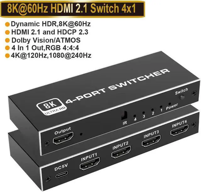 Main image of 8K HDMI 2.1 Switch ,  HDMI Switch 4 in 1 Out with IR Remote Control, 4K @60hz HDMI Switcher Box 8K@60Hz/4K@120Hz, 48Gbps, Support for Nintendo Switch PS4/PS5, Xbox 360/One Fire tv Stick