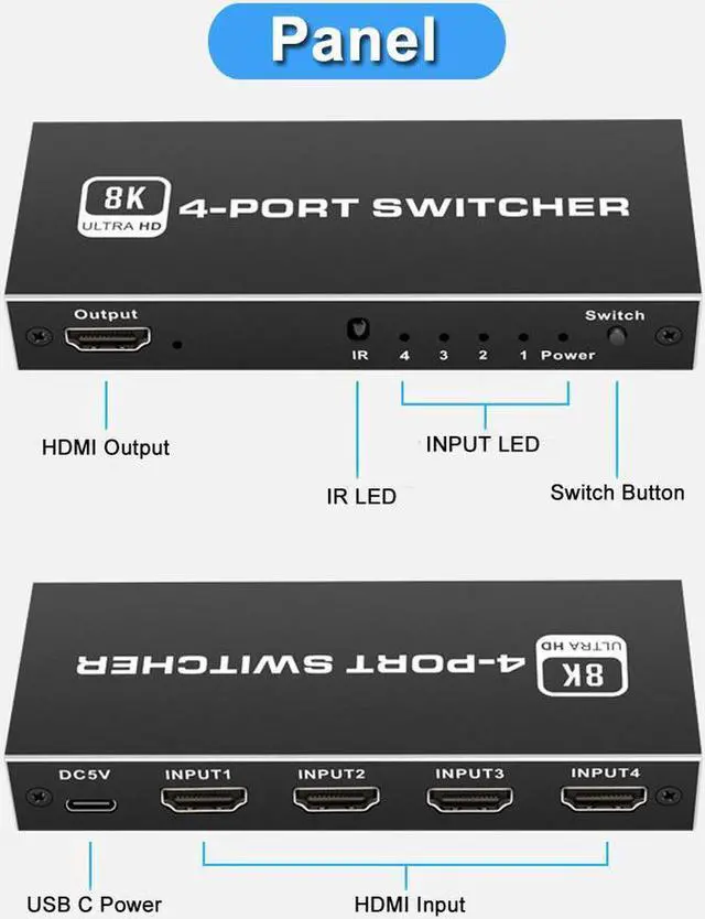 Alt view image 2 of 7 - 8K HDMI 2.1 Switch ,  HDMI Switch 4 in 1 Out with IR Remote Control, 4K @60hz HDMI Switcher Box 8K@60Hz/4K@120Hz, 48Gbps, Support for Nintendo Switch PS4/PS5, Xbox 360/One Fire tv Stick