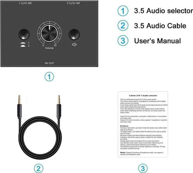 Alt view image 5 of 6 - 3.5mm Audio selector 3.5mm Audio Switch Audio Switcher, Passive Speaker Headphone Manual Selector Splitter Box Audio Sharing (2-IN-1-OUT/1-IN-2-OUT) , No External Power Required
