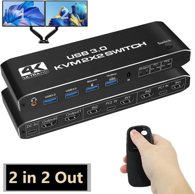 Main image of Dual Monitor HDMI KVM Switch 2 Monitors 2 Computers, 4K@60Hz HDMI KVM switches 2 in 2 Out with Audio, USB 3.0 Hub Share Keyboard Video Mouse Peripherals, Hotkey (Black)