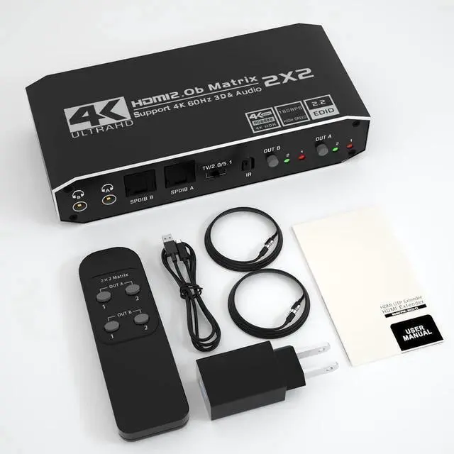 Alt view image 4 of 7 - 2x2 4K HDMI Switch, 2x2 HDMI Matrix Switcher, 4K 60Hz Video Switcher 2 in 2 Out Splitter Support Optical and 3.5mm Audio Output with IR Remote Controller Compatible with 3D, HDMI 2.0b, HDCP 2.2
