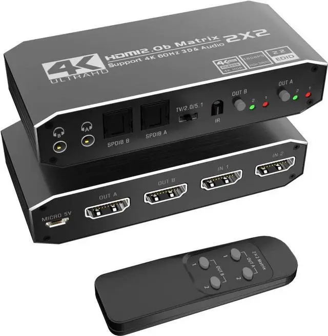 Main image of 2x2 4K HDMI Switch, 2x2 HDMI Matrix Switcher, 4K 60Hz Video Switcher 2 in 2 Out Splitter Support Optical and 3.5mm Audio Output with IR Remote Controller Compatible with 3D, HDMI 2.0b, HDCP 2.2