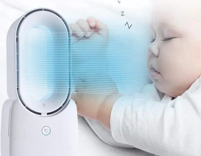 Alt view image 2 of 7 - Table Fan with LED Lights, Bladeless Cooling Fan with 4 Speeds( Included 1 Natural Wind)+5 Decorative Gradient Lights, Leafless Design Fan Portable Fan Rechargeable USB Desk Fan for Home & Office