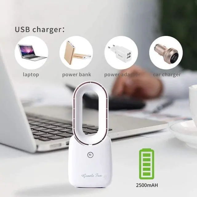 Alt view image 3 of 7 - Table Fan with LED Lights, Bladeless Cooling Fan with 4 Speeds( Included 1 Natural Wind)+5 Decorative Gradient Lights, Leafless Design Fan Portable Fan Rechargeable USB Desk Fan for Home & Office