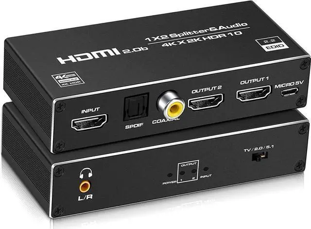Main image of HDMI Splitter Audio Extractor,1 in 2 Out HDMI Splitter with 3.5mm Audio Jack + Coaxial + Optical Toslink SPDIF for Dual Monitors Duplicate/Mirror Only, Support HDMI 2.0 1080P/ 3D/ 4K