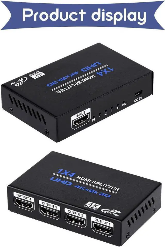 Alt view image 6 of 7 - 1x4 HDMI Splitter,1 in 4 Out HDMI Splitter Audio Video Distributor Box Support 3D & 4K x 2K Compatible for HDTV, STB, DVD, PS3, Projector Etc