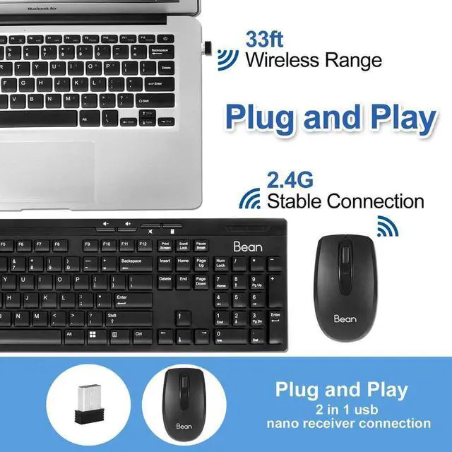 Alt view image 4 of 7 - Be-an 2.4GHz Full Size Wireless Keyboard and Mouse Combo, Ergonomic Design Compatible with Windows and Linux, 1000/1200/1600 DPI, Batteries Included - Plug and Play